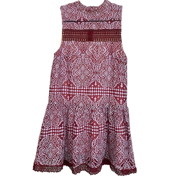 Lulus Belrose Sleeveless Mock Neck Burgundy Lavender Lace Mini Drop Waist Dress - Picture 4 of 12